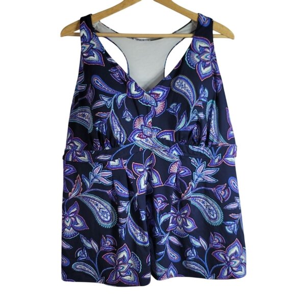 Lands' End Tankini Swim Top Blue SZ 24W Racerback Shelf Bra Paisley Flutter Hem - Picture 1 of 8